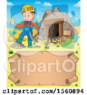 Poster, Art Print Of Parchment Border Of A Miner Holding Ore By A Cave