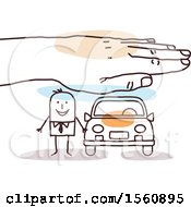 Clipart Of A Hand Protecting A Stick Business Man And His Car Royalty Free Vector Illustration