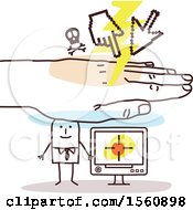 Clipart Of A Hand Protecting A Stick Business Man And His Computer From A Cyber Attack Royalty Free Vector Illustration