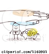 Clipart Of A Hand Protecting A Stick Business Man And Piggy Bank Royalty Free Vector Illustration
