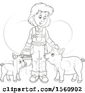 Poster, Art Print Of Lineart Female Farmer Tending To Her Pigs