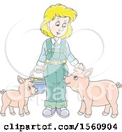 Poster, Art Print Of Blond White Female Farmer Tending To Her Pigs