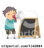 Poster, Art Print Of Boy Using A Megaphone By A Black Board Sign