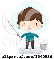 Happy Brunette White Boy Holding A Fishing Pole And Standing By A Bucket