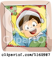 Poster, Art Print Of Happy Boy Wearing A Santa Hat And Looking Into A Christmas Gift Box