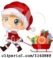 Poster, Art Print Of Cute Red Haired Boy In A Santa Suit Pulling Fits In A Sled