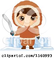 Poster, Art Print Of Happy Eskimo Boy Holding A Snow Saw By Blocks Of Ice