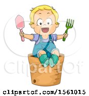 Poster, Art Print Of Blond Toddler Boy Holding Gardening Tools On A Pot