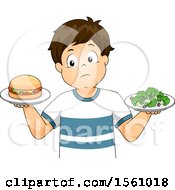 Poster, Art Print Of Boy Holding A Burger In One Hand And A Plate Of Broccoli In The Other
