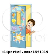 Boy Looking Out Of A Class Room Door And Welcoming