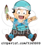 Happy Muddy Toddler Boy Holding A Garden Spade