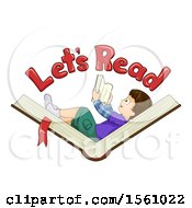 Poster, Art Print Of Boy Laying On And Holding A Book Under Lets Read Text