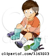 Poster, Art Print Of Boy Putting On Gardening Boots