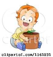 Toddler Boy Hugging A Potted Plant