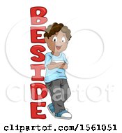 Clipart Of A Boy Leaning On The Word Beside Royalty Free Vector Illustration