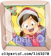 Poster, Art Print Of Happy Girl Wearing A Santa Hat And Looking Into A Christmas Gift Box