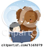 Poster, Art Print Of Happy Ice Age Girl And Mammoth Reading A Book