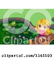 Clipart Of A Blond White Girl Playing By A Pond Royalty Free Vector Illustration by BNP Design Studio