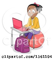 Poster, Art Print Of Happy Black Girl Sitting On An Exercise Ball And Using A Laptop