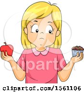 Poster, Art Print Of Blond White Girl Holding An Apple In One Hand And A Cupcake In The Other