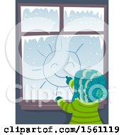 Poster, Art Print Of Rear View Of A Child Drawing A Sun On A Window On A Winter Day