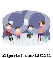 Happy Family Ice Fishing In A Tent