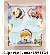 Poster, Art Print Of Happy Group Of Children Wearing Santa Hats And Looking Into A Christmas Gift Box