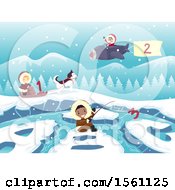 Clipart Of A Happy Eskimo Kids With A Numbered Plane Dog Sled And Fishing Pole Royalty Free Vector Illustration