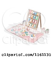 Clipart Of A Sketched Book Stand And Rug Royalty Free Vector Illustration