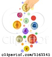 Poster, Art Print Of Hand Holding A Coin With Toy Gadget And Clothing Icons