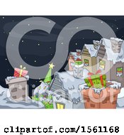 Poster, Art Print Of Wintry Christmas Village Under A Starry Sky With Gifts On The Roof Tops