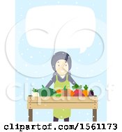 Poster, Art Print Of Happy Man Selling Produce And Talking At A Winter Farmers Market Over Blue With Snow