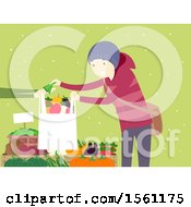 Poster, Art Print Of Happy Man Purchsing Produce At A Winter Farmers Market Over Green With Snow