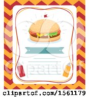 Poster, Art Print Of Burger With Tiny Flag Ribbon Mustard Ketchup Sauce And Space For Text