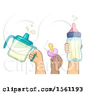 Poster, Art Print Of Kids Hands Holding A Pacifier And Milk In Sippy Cup And Baby Bottle