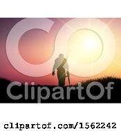 Clipart Of A 3d Silhouetted Soldier Against A Sunset Royalty Free Vector Illustration by KJ Pargeter