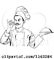 Poster, Art Print Of Black And White Male Chef Gesturing Perfect And Holding A Cloche