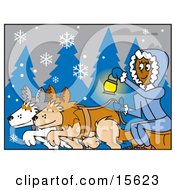 Woman Holding A Lantern While Riding A Sled Pulled By Dogs On A Snowy Winter Night