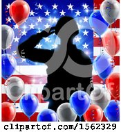 Poster, Art Print Of Silhouetted Male Military Veteran Saluting Over An American Flag And Balloons