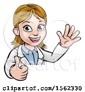 Clipart Of A Cartoon Friendly White Female Scientist Giving A Thumb Up Over A Sign Royalty Free Vector Illustration