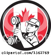 Clipart Of A Retro Telephone Repair Man Holding Out A Receiver In A Canadian Flag Circle Royalty Free Vector Illustration by patrimonio