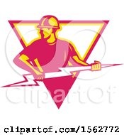 Clipart Of A Retro Male Electrician Pulling A Lightning Bolt In A White Yellow And Pink Triangle Royalty Free Vector Illustration