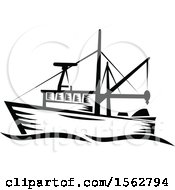 Clipart Of A Retro Black And White Fishing Boat With Waves Royalty Free Vector Illustration