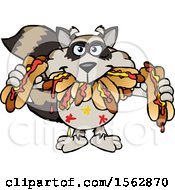 Cartoon Raccoon Shoving Messy Hot Dogs In His Mouth