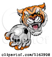 Poster, Art Print Of Vicious Tiger Sports Mascot Grabbing A Soccer Ball