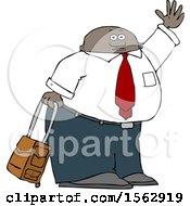 Clipart Of A Traveling Black Business Man With Rolling Luggage Waving Goodbye Or Hailing A Taxi Cab Royalty Free Vector Illustration