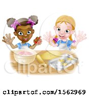 Poster, Art Print Of Cartoon Happy White And Black Girls Making Pink Frosting And Star Shaped Cookies