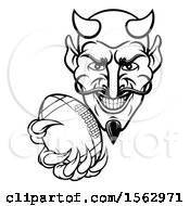 Poster, Art Print Of Black And White Grinning Evil Devil Holding Out A Football In A Clawed Hand