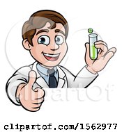 Clipart Of A Happy White Male Scientist Giving A Thumb Up And Holding A Test Tube Over A Sign Royalty Free Vector Illustration