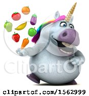 Clipart Of A 3d Chubby Unicorn Holding Produce On A White Background Royalty Free Illustration